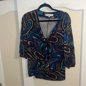 Trina Turk Los Angeles 100% Silk Paisley Print Tie Front 3/4 Sleeve Blouse